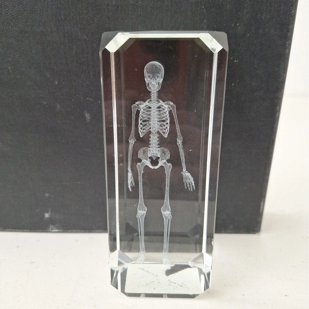 Crystal Paperweight Holographic Skeleton 3D Laser Etched Halloween Vintage 4.75